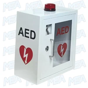 Wall-mounted AED storage cabinet with alarm and transparent window