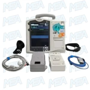 Philips HeartStart MRx Defibrillator with accessories including ECG cable, battery, and thermal printer