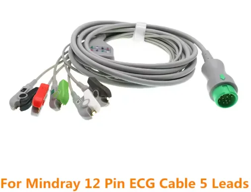 ECG Cable 12 Pin For Mindray One Piece 5 Leadwires And 3 Leads Snap OR Grabber AHA Standard Veterinary Clip Beneview T5 T6 T8 5 Mindray 5 Leads Grabber AHA ECG Cable for BeneView T5 T6 T8 Patient Monitors