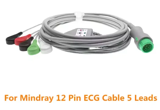 ECG Cable 12 Pin For Mindray One Piece 5 Leadwires And 3 Leads Snap OR Grabber AHA Standard Veterinary Clip Beneview T5 T6 T8 3 Mindray 5 Leads Snap AHA ECG Cable for BeneView T5 T6 T8 Patient Monitors