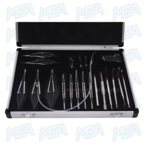 Steel plastic storage box for ophthalmic cataract surgical instrument set, durable and compact case for 21-piece microsurgery tools