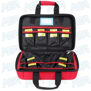 Interior view of portable AED bag with organized compartments for medical supplies and emergency equipment