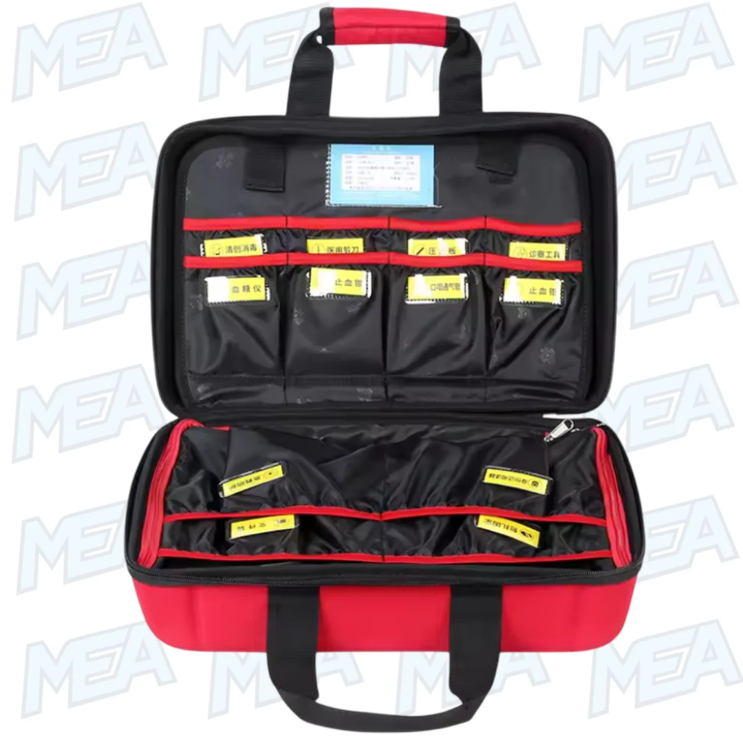 Portable AED Storage Bag Defibrillator Container First Aid Bags Emergency Kit Healthcare Protection For Camping Hiking Traveling 2 Interior view of portable AED bag with organized compartments for medical supplies and emergency equipment
