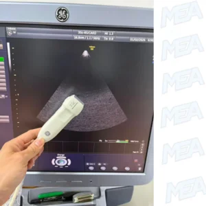 GE 3SC-RS phased array ultrasound probe for cardiac imaging with GE ultrasound system display