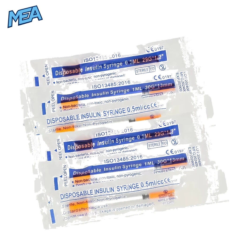Insulin Syringes With Needle 0.3ml / 0.5ml / 1ml U-100 29G–31G Sterile Disposable (Pack of 500) 4 0.5ml disposable insulin syringes in individually sealed sterile packs