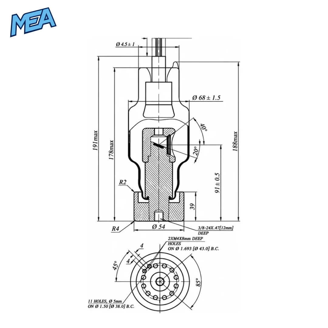 160KV X-Ray Tube Glass Spare Tube For Portable Industrial NDT X-Ray Generators 1.0mA / 2.0mA (New) 4 160KV X-ray tube dimension drawing showing 191 mm length, 68 mm bulb and 54 mm anode base
