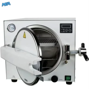 18L autoclave steriliser with door open showing stainless steel chamber and trays