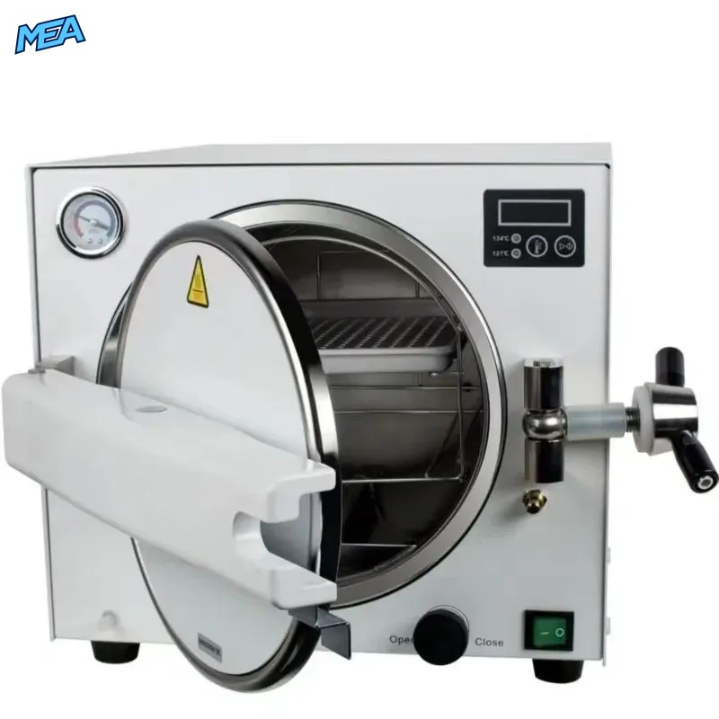 18L Class N Autoclave Steam Steriliser 121/134°C Benchtop With Pressure Gauge & Digital Display (220V, New) 2 18L autoclave steriliser with door open showing stainless steel chamber and trays