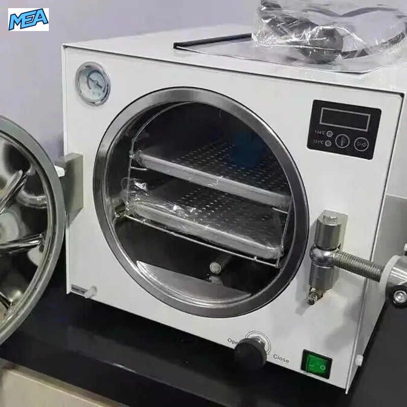 18L Class N Autoclave Steam Steriliser 121/134°C Benchtop With Pressure Gauge & Digital Display (220V, New) 4 Benchtop 18L steam autoclave with stainless steel instrument trays and locking door handle