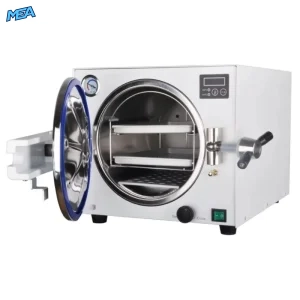 18L Class N autoclave steam steriliser front view with pressure gauge and digital display