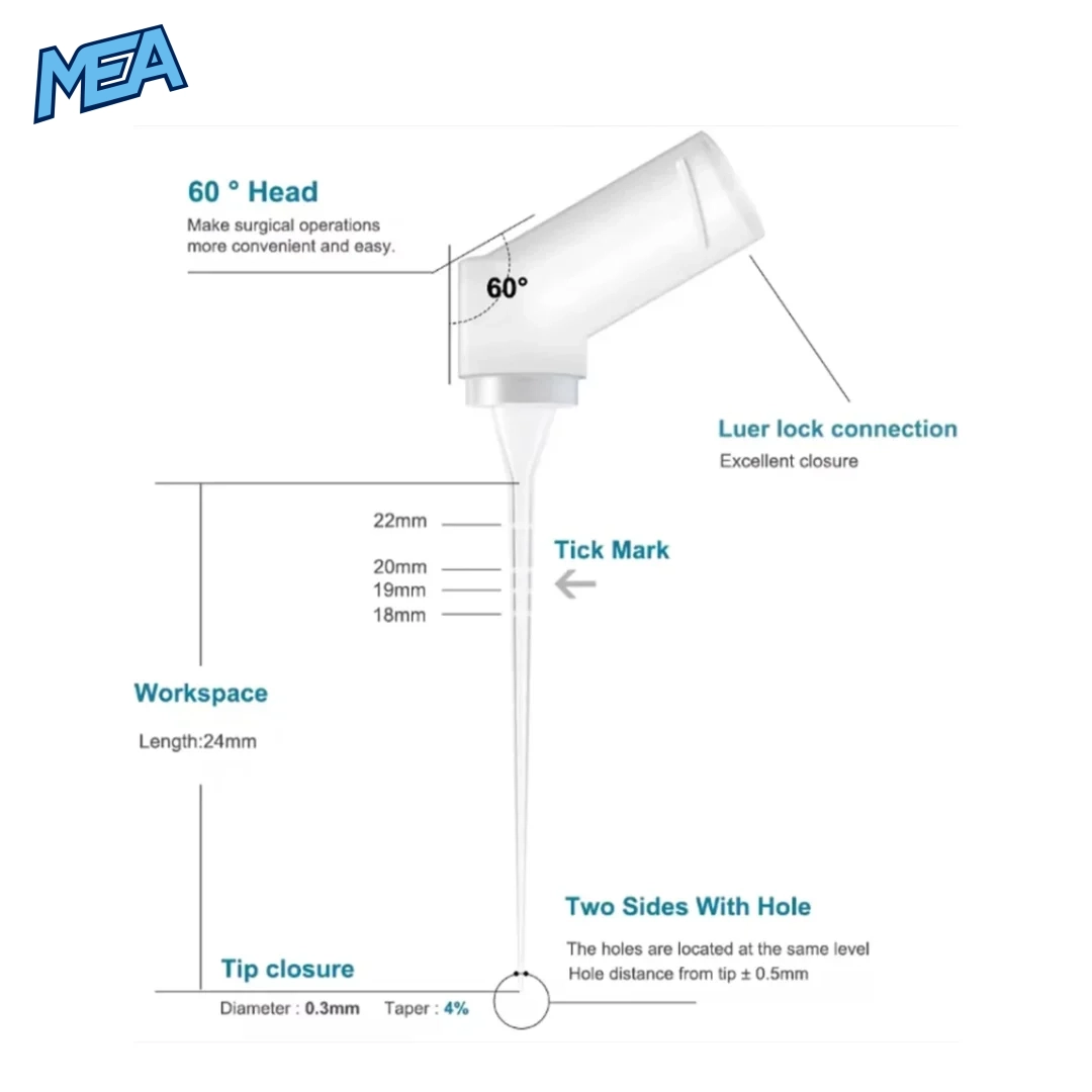 30G Endo Irrigation Needle Tips 0.3mm Side-Vented Root Canal Irrigation Tips (10/20/30 Pcs) 2 30G root canal irrigation needle tip diagram showing 0.3mm diameter, 4% taper, tick marks and two side holes