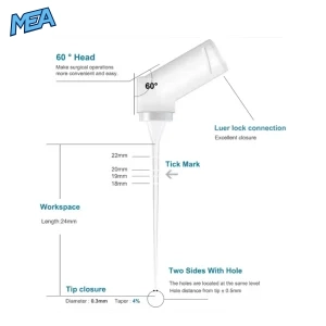 30G root canal irrigation needle tip diagram showing 0.3mm diameter, 4% taper, tick marks and two side holes