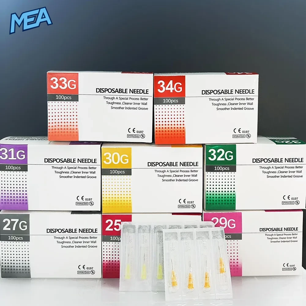 Disposable Hypodermic Needles 29G–34G Ultra-Fine Sterile Luer Needles 1.5mm–13mm (Box of 100) 12 33G disposable hypodermic needles box shown with full gauge range
