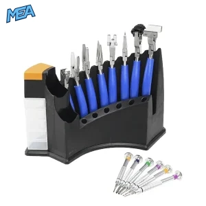 3T-B08AD eyeglass repair tool kit with 8 optical pliers, 6 precision screwdrivers and storage stand