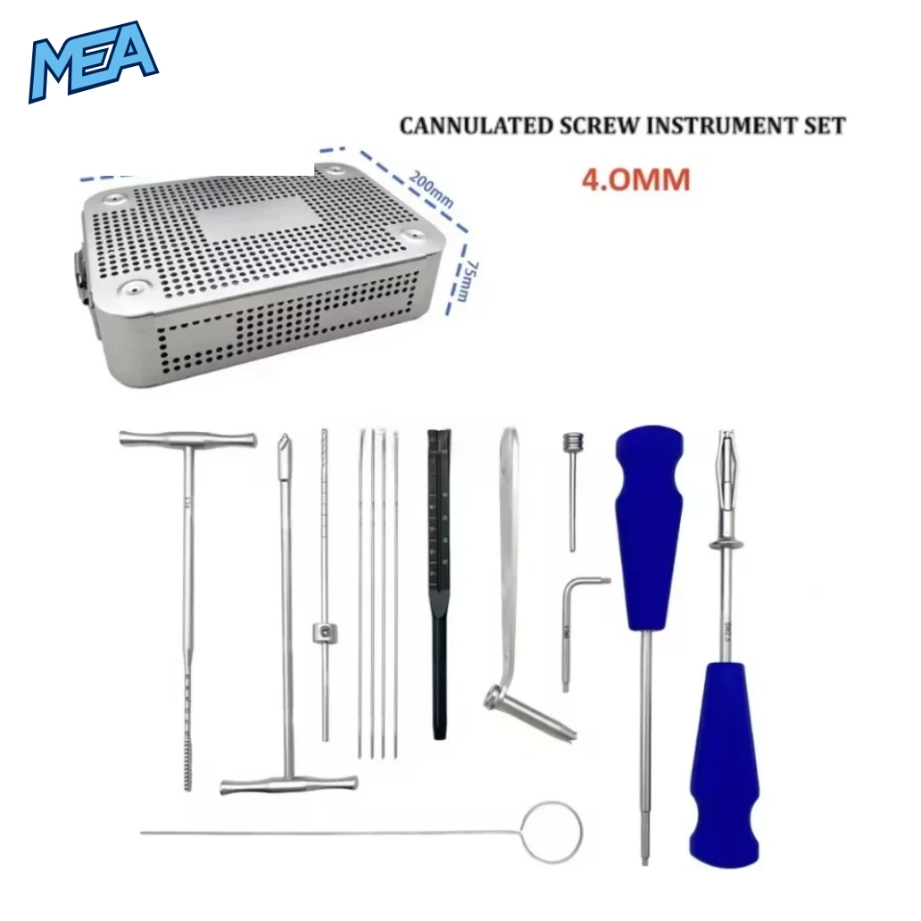 Trauma Surgery Instrument 4.0mm Cannulated Screw Kit Orthopedic Surgical Instruments Set Stainless Steel 1 4.0mm cannulated screw instrument set with stainless steel sterilization case 300x200x75mm autoclave tray, orthopedic trauma surgery kit