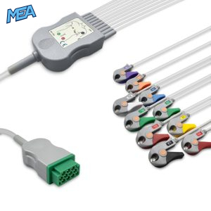 10-lead One-Piece ECG Cable with Grabber/Pinch end AHA for GE Healthcare Monitors Reusable, Limb + Chest Lead, 2.2m+mixed 0.8m/1.2m, Respiratory Rate
