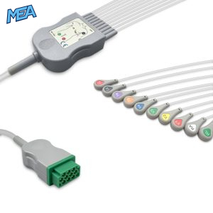 10-lead One-Piece ECG Cable with Snap end AHA for GE Healthcare Monitors Reusable, Limb + Chest Lead, 2.2m+mixed 0.9m/1.2m, Respiratory Rate