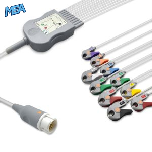 10-lead One-Piece ECG Cable with Grabber/Pinch end AHA for Philips Monitors Reusable, Limb+Chest, 2.2m+0.8m/1.2m, Defib-Proof
