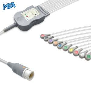 10-lead One-Piece ECG Cable with Snap end AHA for Philips 989803128951 Reusable, Limb + Chest Lead, 2.2m+mixed 0.9m/1.2m, Defib-Proof (with Resist)