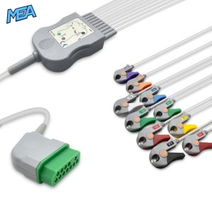 10-lead One-Piece ECG Cable with Grabber/Pinch end AHA for Nihon Kohden BJ-900PA Reusable, Limb + Chest Lead, 2.2m+mixed 0.8m/1.2m, Respiratory Rate