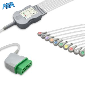 10-lead One-Piece ECG Cable with Snap end AHA for Nihon Kohden Monitors Reusable, Limb + Chest Lead, 2.2m+mixed 0.9m/1.2m, Respiratory Rate