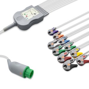 10-lead One-Piece ECG Cable with Grabber/Pinch end AHA for Fukuda Denshi Monitors Reusable, Limb+Chest, 2.2m+0.8m/1.2m, Defib-Proof