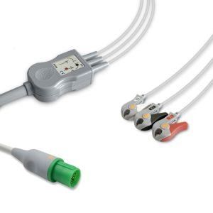 3-lead One-Piece ECG Cable with Grabber/Pinch end AHA for Hellige Monitors Reusable, Limb Lead, 2.5m+0.9m, Defib-Proof (with Resist)