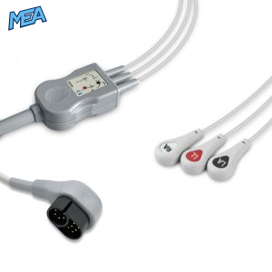 3-lead One-Piece ECG Cable with Snap end AHA for Zoll 8300-0800-01 Reusable, Limb Lead, 2.5m+0.9m, Defib-Proof (with Resist)