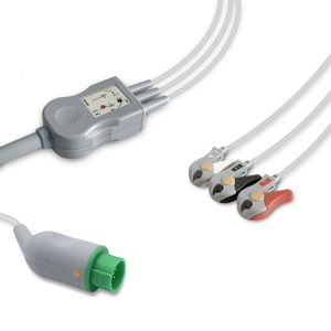 3-lead One-Piece ECG Cable with Grabber/Pinch end AHA for Emtel Monitors Reusable, Limb Lead, 2.5m+0.9m, Defib-Proof (with Resist)