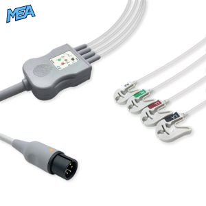 4-lead One-Piece ECG Cable with Grabber/Pinch end AHA for Ivy Biomedical Monitors Reusable, 2.5m+0.9m