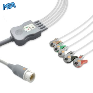 5-lead One-Piece ECG Cable with Grabber/Pinch end AHA for Philips 989803143201 Reusable, Limb + Chest Lead, 2.5m+0.9m, Defib-Proof (with Resist)