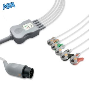 5-lead One-Piece ECG Cable with Grabber/Pinch end AHA for Nihon Kohden K352B Reusable, Limb + Chest Lead, 2.5m+0.9m, Defib-Proof (with Resist)