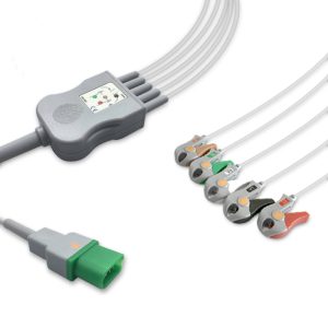 5-lead One-Piece ECG Cable with Grabber/Pinch end AHA for Datascope Monitors Reusable, Limb + Chest Lead, 2.5m+0.9m, Defib-Proof (with Resist)
