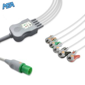 5-lead One-Piece ECG Cable with Grabber/Pinch end AHA for Hellige Monitors Reusable, Limb + Chest Lead, 2.5m+0.9m, Defib-Proof (with Resist)
