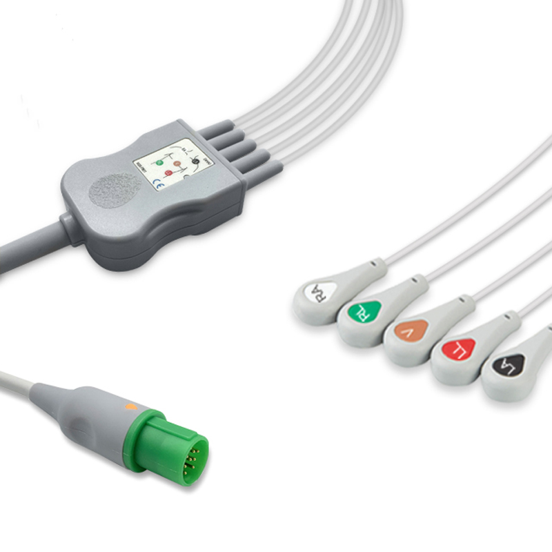 5-lead One-Piece ECG Cable with Snap end AHA for Hellige Monitors Reusable, Limb + Chest Lead, 2.5m+0.9m, Defib-Proof (with Resist) 1 5-lead One-Piece ECG Cable with Snap end AHA for Hellige Monitors Reusable, Limb + Chest Lead, 2.5m+0.9m, Defib-Proof (with Resist)