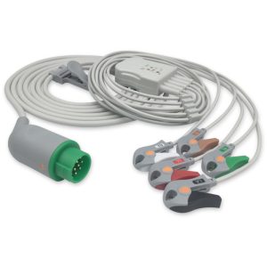 5-lead One-Piece ECG Cable with Grabber/Pinch end AHA for Kontron Monitors Reusable, Limb + Chest Lead, 2.5m+0.9m, Defib-Proof (with Resist)