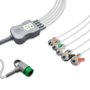 5-lead One-Piece ECG Cable with Grabber/Pinch end AHA for Medtronic Monitors Reusable, Limb + Chest Lead, 2.5m+0.9m, Defib-Proof (with Resist)