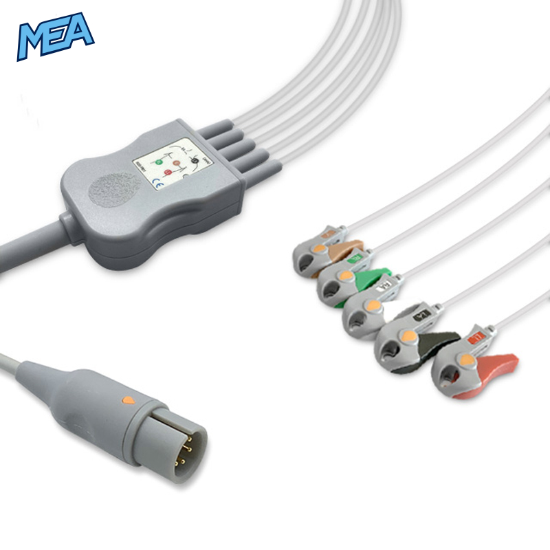 5-lead One-Piece ECG Cable with Grabber/Pinch end AHA for M&B Monitors Reusable, Limb + Chest Lead, 2.5m+0.9m, Respiratory Rate 1 5-lead One-Piece ECG Cable with Grabber/Pinch end AHA for M&B Monitors Reusable, Limb + Chest Lead, 2.5m+0.9m, Respiratory Rate