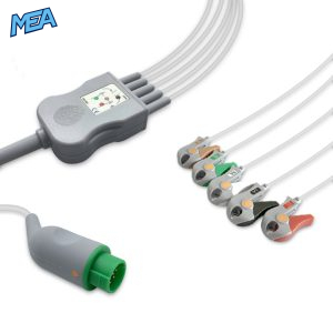 5-lead One-Piece ECG Cable with Grabber/Pinch end AHA for Mennen Medical Monitors Reusable, Limb + Chest Lead, 2.5m+0.9m, Defib-Proof (with Resist)