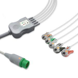 5-lead One-Piece ECG Cable with Grabber/Pinch end AHA for Biolight 15-031-0004 Reusable, Limb + Chest Lead, 2.5m+0.9m, Defib-Proof (with Resist)