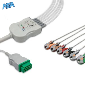 6-lead One-Piece ECG Cable with Grabber/Pinch end AHA for GE Healthcare Monitors Reusable, Limb + Chest Lead, 2.5m+0.9m, Respiratory Rate
