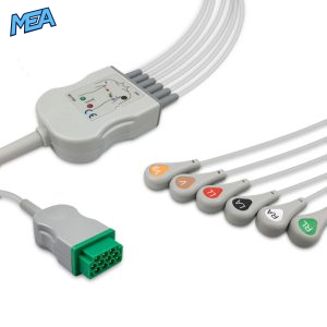 6-lead One-Piece ECG Cable with Snap end AHA for GE Healthcare Monitors Reusable, Limb + Chest Lead, 2.5m+0.9m, Respiratory Rate