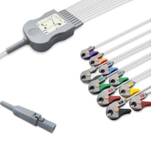 10-lead Diagnostic (EKG) One-Piece ECG Cable with Grabber/Pinch end AHA for Burdick 60-00180-01 Reusable, Limb+Chest, 2.2m+0.8m/1.2m, Defib-Proof