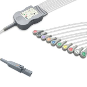 10-lead Diagnostic (EKG) One-Piece ECG Cable with Snap end AHA for Quinton 60-00181-01 Reusable, Limb+Chest, 2.2m+0.9m/1.2m, Defib-Proof