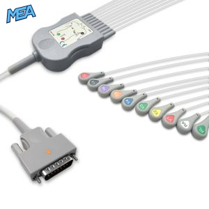 10-lead Diagnostic (EKG) One-Piece ECG Cable with Snap end AHA for Edan MS1R-109851 Reusable, Limb+Chest, 2.2m+0.9m/1.2m, Defib-Proof