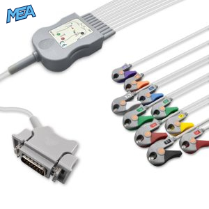 10-lead Diagnostic (EKG) One-Piece ECG Cable with Grabber/Pinch end AHA for Hellige Monitors Reusable, Limb+Chest, 2.2m+0.8m/1.2m, Defib-Proof