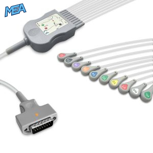 10-lead Diagnostic (EKG) One-Piece ECG Cable with Snap end AHA for GE Healthcare Monitors Reusable, Limb+Chest, 2.2m+0.9m/1.2m, Defib-Proof