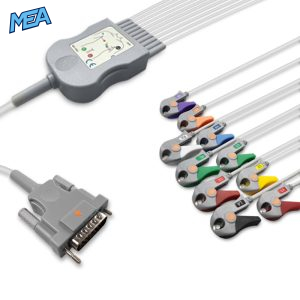 10-lead Diagnostic (EKG) One-Piece ECG Cable with Grabber/Pinch end AHA for Schiller 2.400116E Reusable, Limb+Chest, 2.2m+0.8m/1.2m, Defib-Proof