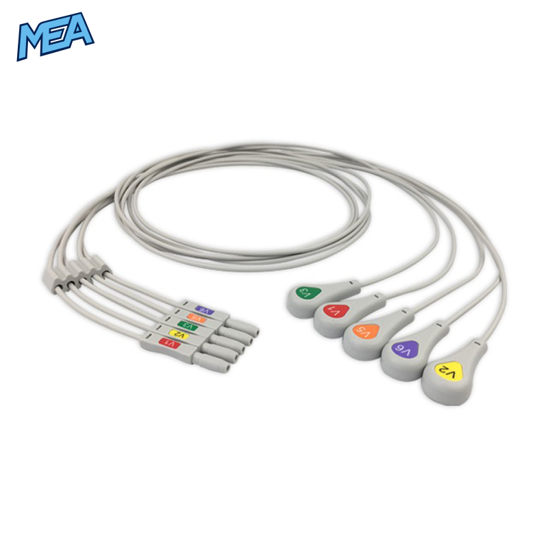5-lead ECG Leadwire Set with Snap end AHA for AAMI Safety DIN Trunk Cables Reusable, Chest Lead, Lead Type: Safety Din, Shielded 1 5-lead ECG Leadwire Set with Snap end AHA for AAMI Safety DIN Trunk Cables Reusable, Chest Lead, Lead Type: Safety Din, Shielded