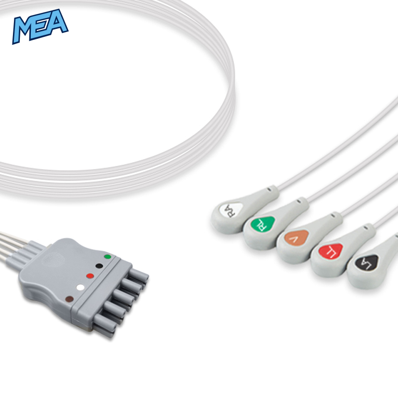5-lead ECG Leadwire Set with Snap end AHA for Mennen Medical Monitors Reusable, Limb + Chest Lead, Lead Type: Mennen, Shielded 1 5-lead ECG Leadwire Set with Snap end AHA for Mennen Medical Monitors Reusable, Limb + Chest Lead, Lead Type: Mennen, Shielded